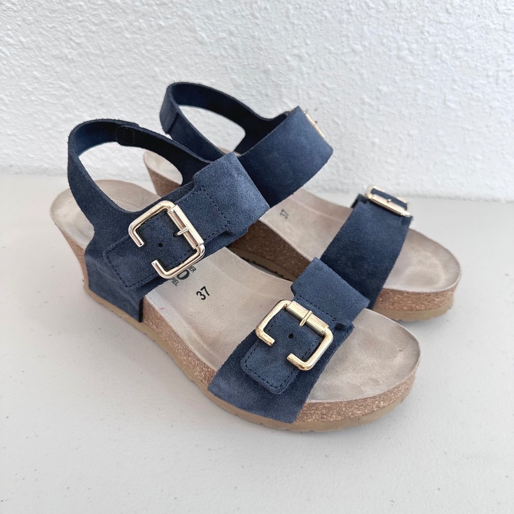 Mephisto Lissandra Wedge Sandals Women 37 US 7 Deep Blue Suede Leather Comfort